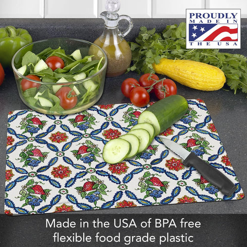 Cut N' Funnel Strawberry Garden Designer Flexible Plastic Cutting Board Mat 15" x 11.5", Made in the USA, Decorative, Flexible, Easy to Clean