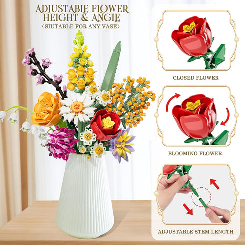 WIDELAND Set, 1070PCS Flowers Bouquet Building Artificial Plant Flower Kit Toy for Adults Kids Women Her, Wildflower