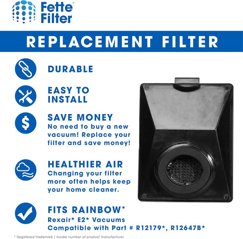 Fette Filter, Vacuum Filter Compatible with Rainbow R12179, R12647B, R10520, E2 Black, Pack of 1
