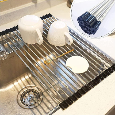 Roll Up Dish Drying Rack Over The Sink, Portable Stainless Steel Folding Mat for Kitchen Counter (Black,