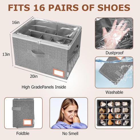 Adjustable Storage Bins for Closet, 16Pairs Wardrobe Clothes Organizer, Shoe Bin, Closet Storage Solution with Clear