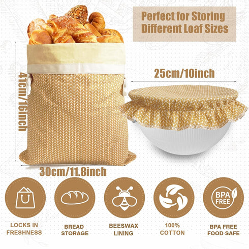 Set Beeswax Bread Bags,Bread Bag for Homemade Bread With Cotton Bowl Cover,Freezer Storage Bag to Keep Fresh,Sourdough