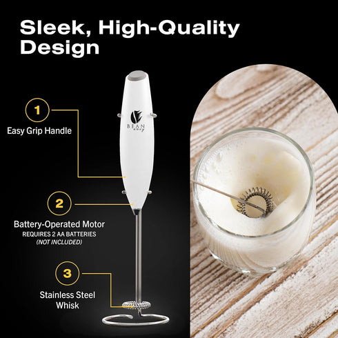 Bean Envy Handheld Milk Frother for Coffee - Electric Mini Drink Mixer Whisk & Coffee Foamer Wand with Stand for