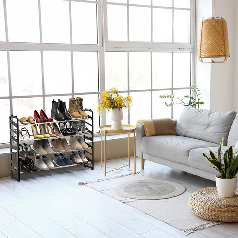 2-Tier (18''-34'') 8 Simple Houseware Expandable and Stackable Shoe Racks with Shelves for Pairs of Shoes, Black