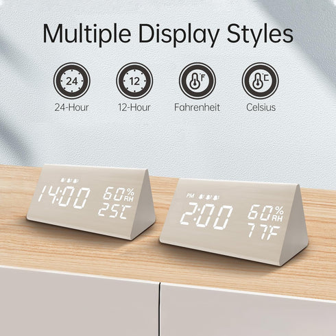 Digital Alarm Clock with Wooden LED Time Display, 3 Alarm Settings, Humidity & Temperature Detect