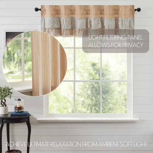 VHC Brands Kaila Country Cottage Ruffled Gold Ticking Stripe Curtain Valance, 16x60