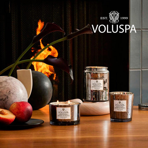 Voluspa Makassar Ebony & Peach Mini Tin Candle - 4 oz, 25 Hour Burn Time, Handcrafted in The USA