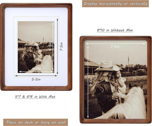8x10 5x7/6x8, Picture Frame with Mat for USA-Sourced Natural Walnut Wood Handcrafted Rounded Corner with Real Glass