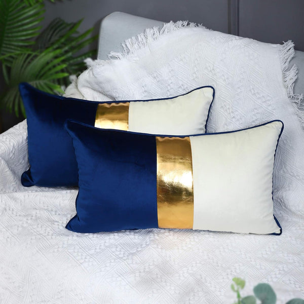 Navy Blue Beige Gold Leather Patchwork Velvet Throw Pillow Cover, Set of 2 Luxury Modern Home Decor Cushion Cover 12x20