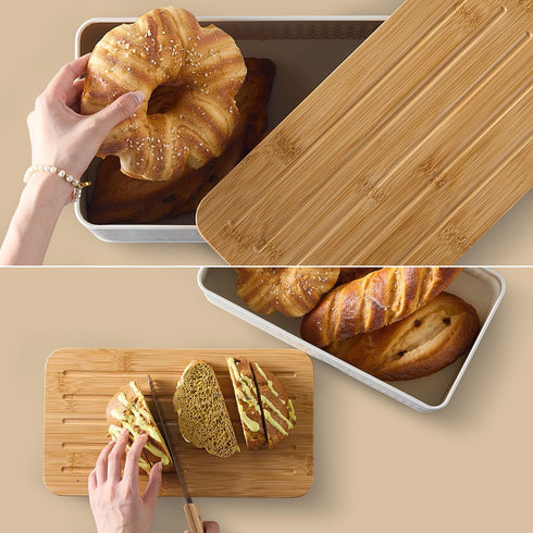 AUGOHCMIL Countertop Bread Box for Kitchen - Metal Bread Storage with Bamboo Cutting Board Lid & Bread Knife, Corner
