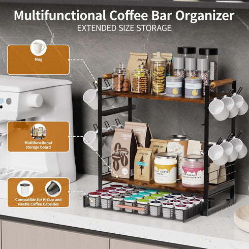 Countertop 32 12 3 3-Tier 1 Coffee Bar Station Organizer for - Pod for K Cup Holder with Drawer and Mug Holder, Tier