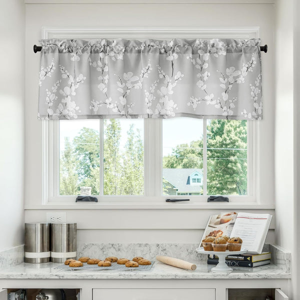 FMFUNCTEX Gray-White Kitchen Valance Curtain - 15-inch Length Blossom Print Canvas Window Top Curtain Rod Pocket, 1 Pack