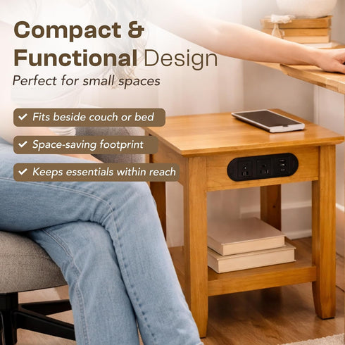 2 2 KAWIND Home Light Walnut Solid Wood End Table with Charging Station Compact Side Table with USB Ports & AC Outlets