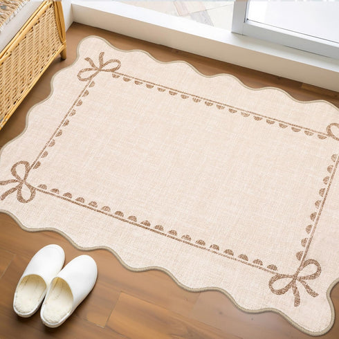 GarveeHome Scalloped Bow Rug for Kitchen Floor, Solid Beige Rug for Dorm,