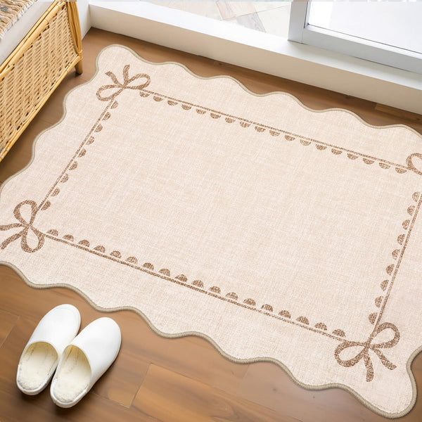 GarveeHome Scalloped Bow Rug for Kitchen Floor, Solid Beige Rug for Dorm,