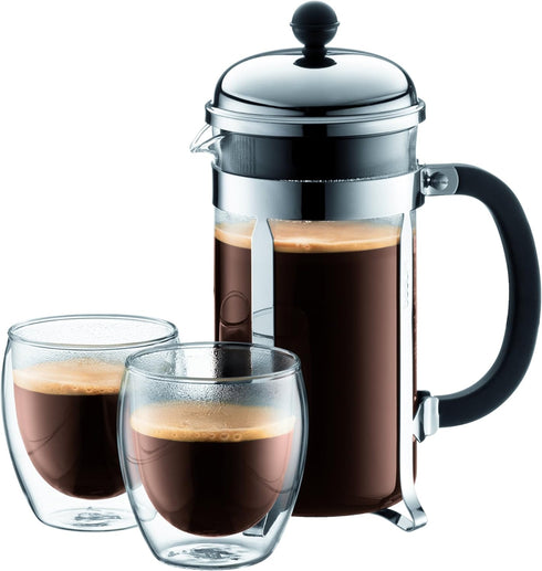 34oz Bodum Chambord French Press Coffee Maker, High-Heat Borosilicate Glass, Brushed Stainless Steel Made in Portugal
