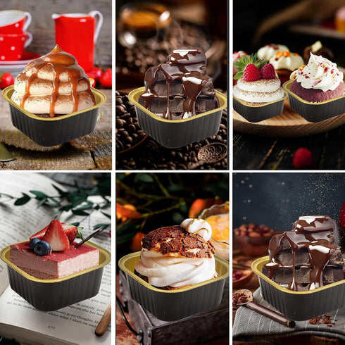 50 Pcs Mini Square Baking Cups with Lids, 5oz Aluminum Foil Mini Cake Pans for Wedding Birthday Party, Black Gold