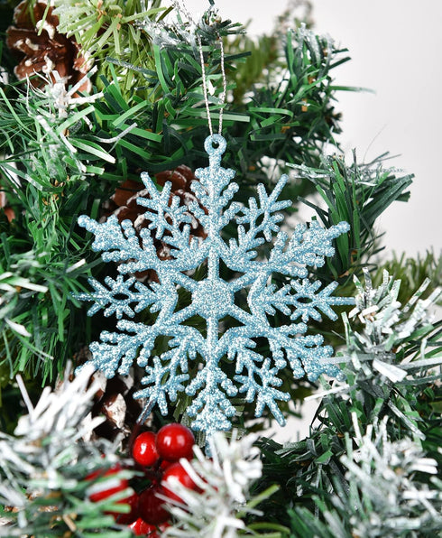 DearHouse 36pcs Plastic Snowflake Ornaments, Tiny Sparkling Glitter Snowflake Decorations on String for Christmas Trees