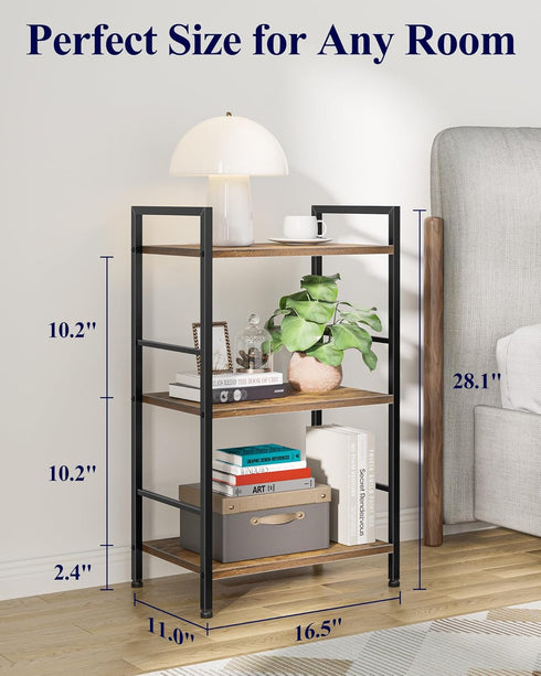 3-Tier (16.5"11.0"28.1") Kitsure Book Shelf - Wood & Metal Bookshelf with Handle & Adjustable Feet, Lightweight