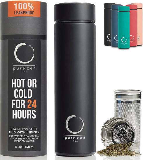 Pure Zen Tea Thermos with Infuser, Stainless Steel Leakproof Travel Mug for Hot and Cold Infusions, 15oz Black