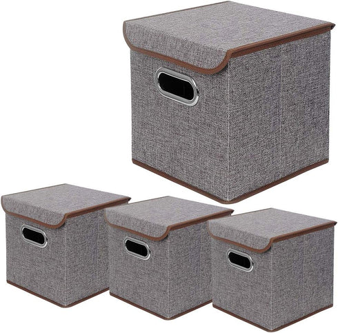 Storage Bin Set of 4, Linen Fabric Foldable Containers with Lid, Collapsible Organizer Boxes