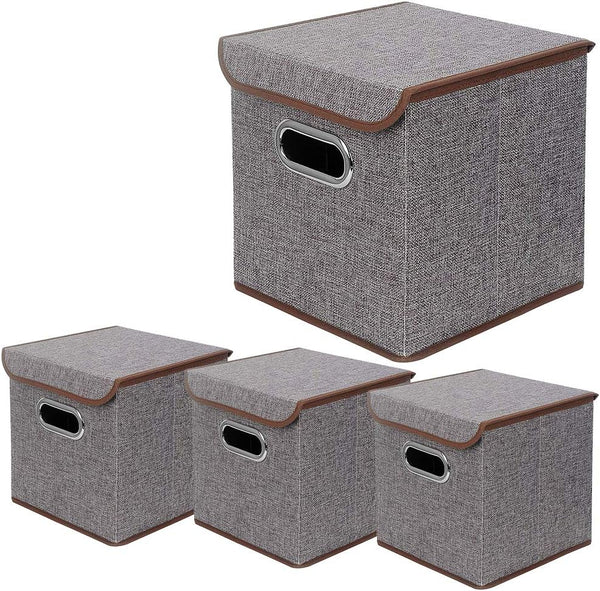 Storage Bin Set of 4, Linen Fabric Foldable Containers with Lid, Collapsible Organizer Boxes