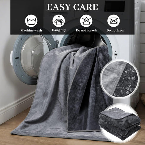 82" 82", 3-Layer Tisancy Love Waterproof Bed Blanket - Queen Size, x Dark & Light Gray, Flannel with Storage Bag