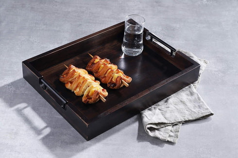 RAKYTO 16.5x12.5in Packaging Ottoman Tray, Acacia Wood Serving Tray with Metal Handles, Food Drinks Tray for Coffee