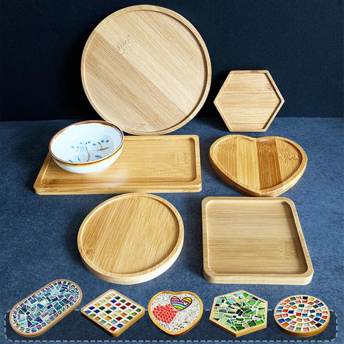 4PCS Mosaic Bamboo Coasters for Crafts, Blank Base Trays, DIY Mosaic Supplies, Drinking Cup Coaster, Plant Coaster