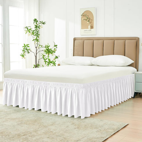 Biscaynebay Wrap Around Bed Skirts for King & Cal King Beds, White Adjustable Elastic Dust Ruffles with Short Drop of