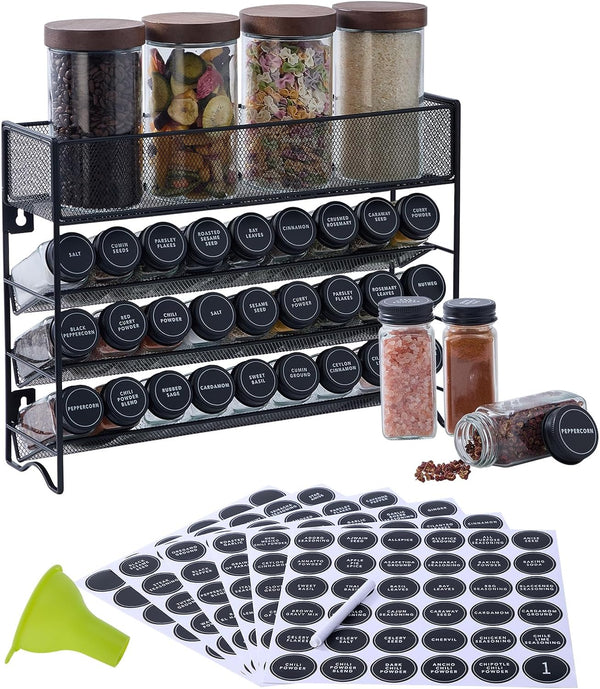 Spice Rack Organizer with 27 Spice Jars with Black Lids, Funnel, Spice
