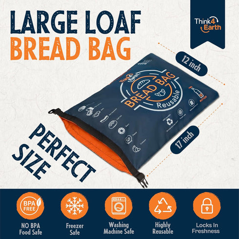 THINK4EARTH Washable(2 Pack) Premium Blue Reusable Bread Bags for Homemade Bread Durable