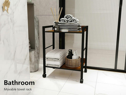 2-Tier Rolling Utility Cart Night Stand Organizer with Brown Wood Shelves and Black Metal Frame, End Side Table Storage