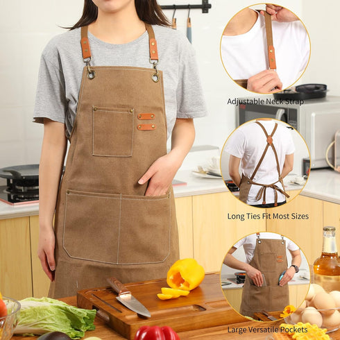 Tosewever Canvas Cross Back Chef Cotton Aprons - Large Pockets for Men and Women