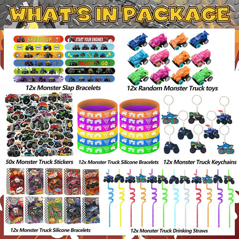 CZWXOXO 122PCS Set, Monster Truck Party Favors Jam Birthday Decorations Including Theme Slap Bracelets, Keychains, Gift
