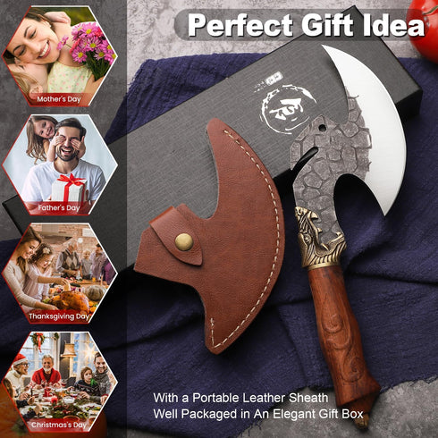 ROCOCO Hand Forged Viking Cleaver Knife, Butcher Meat Cutting Boning Axe with Sheath for Home Outdoor BBQ Camping Gift