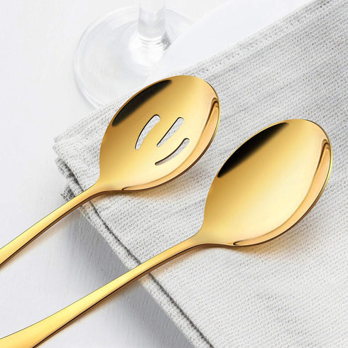 LIANYU 6 Pack Large Gold Serving Spoons Set, 3 Gold Serving Spoons, 3 Gold Slotted Serving Spoons, 9.8Inch Stainless Steel Serving Utensils for Party Buffet Restaurant Dinner Catering, 9.8 Inch