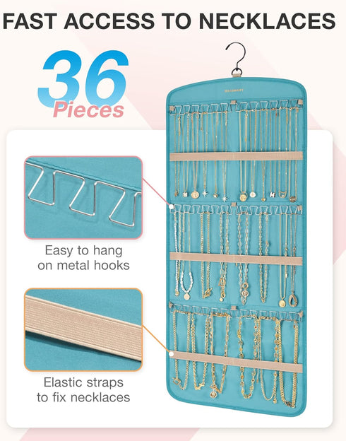 BAGSMART Hanging Jewelry Organizer, Necklace Holder Anti-tangle Earrings Rings Hanger with 20 Jewelry Bags Travel Storage Roll with Pockets Hang on Closet, Wall, Door,1 Piece, Large, Teal by BAGSMART