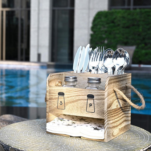 Ikee Design 2 Piece Wooden Utensil Caddy Set - Includes Free Salt Pepper Shaker, Oak Color Silverware Holder for Kitchen