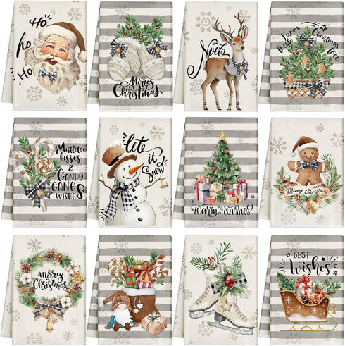 VitalCozy 12 Pcs Christmas Kitchen Towels and Dishcloths Absorbent Stripe Christmas Tree