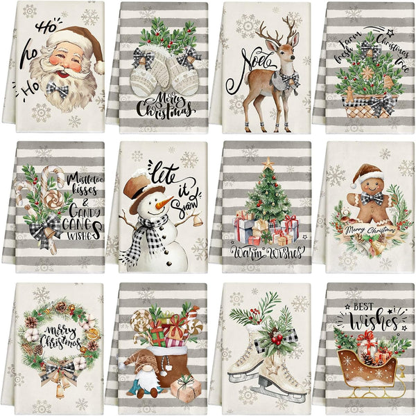 VitalCozy 12 Pcs Christmas Kitchen Towels and Dishcloths Absorbent Stripe Christmas Tree