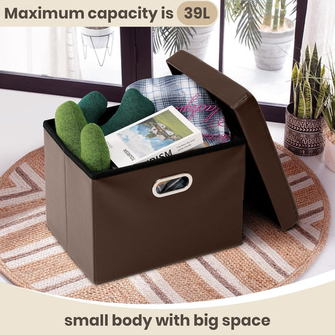 17x13x13in COSYLAND Ottoman with Storage Folding Leather Ottoman Footrest Foot Stool Brown Ottoman for Rooms Small