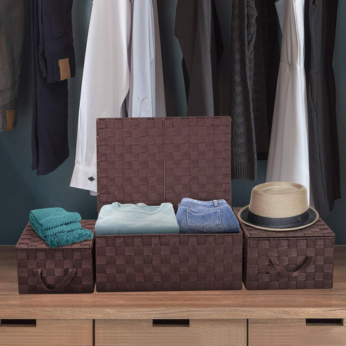 Sorbus Set of 3 Hand-Woven Storage Baskets with Lid for Organizing