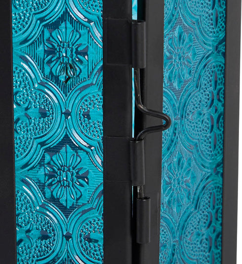 Zingz & Thingz Decorative Light Candle Lantern Holder, Moroccan Style, 13" Tall, Black with Blue Glass