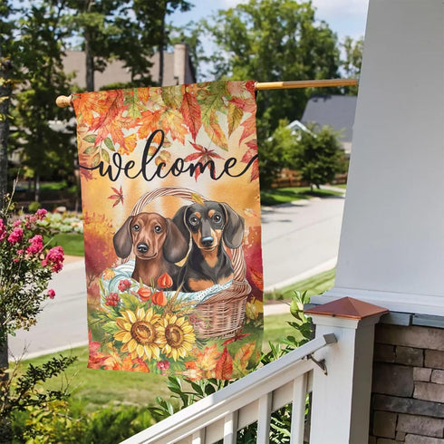 Welcome Fall Dachshund Dog Sunflower Garden Flag, 12x18 Inch Double Sided Vertical Decoration for Outside Holiday