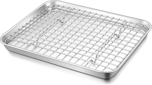 TeamFar Toaster Oven Pan with Cooling Rack Set, 10.5’’ x 8’’ Stainless Steel Baking Pan Tray with Mini Grid Rack