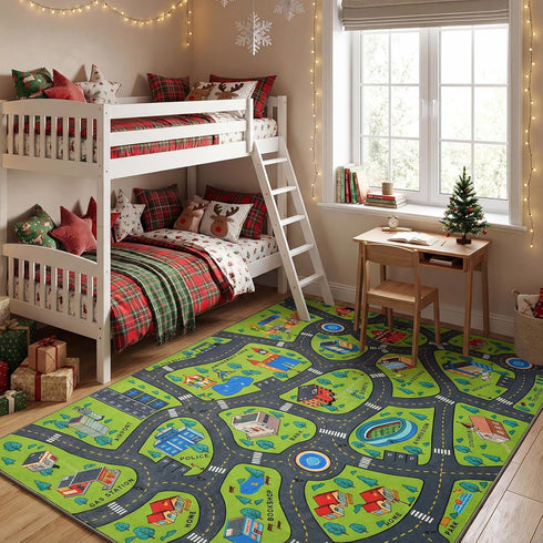 4x6 3-12 Merelax Kids Car Area Rug, Green Grey Area Road Rugs for Living Room Playroom Classroom Bedroom, Non Slip Kids