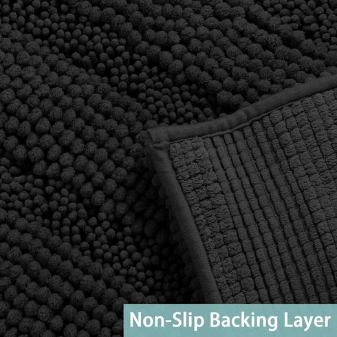 Turquoize Luxury Chenille Bath Rug, Extra Absorbent Non Slip Microfiber Shower Rug, 17"x 24", Black