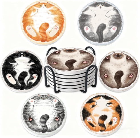 Staruby Coasters Absorbent Ceramic Coaster Drink Coasters with Cork Back Sleepy Cats Set