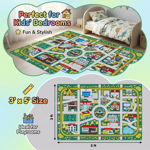 Plyra (3x5 Kids Car Road Rug Ft), Non-Slip City Traffic Play Mat for Toy Cars, Train Track Carpet for Kids Room
